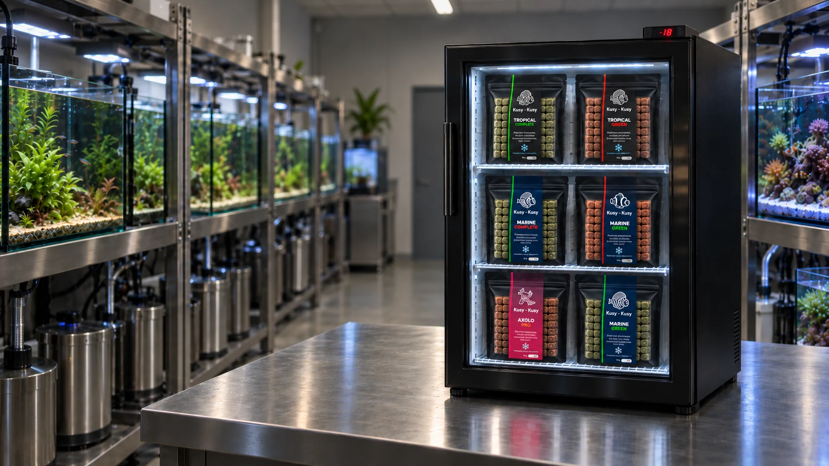 Refrigerador exhibidor Kuby Kuby con las cinco fórmulas, dentro del laboratorio de acuarios de la marca