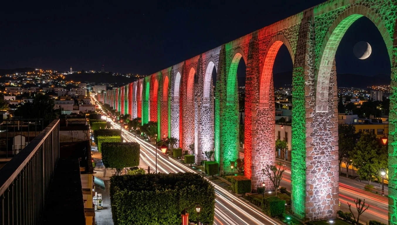 Acueducto de Querétaro iluminado de noche con los colores de la bandera mexicana